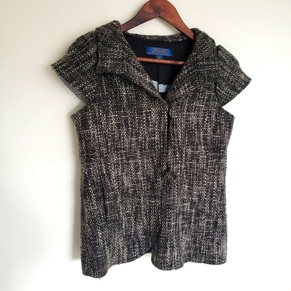 Millard Fillmore Tweed Vest Jacket Womens Size Medium Black Cream Cap Sleeve